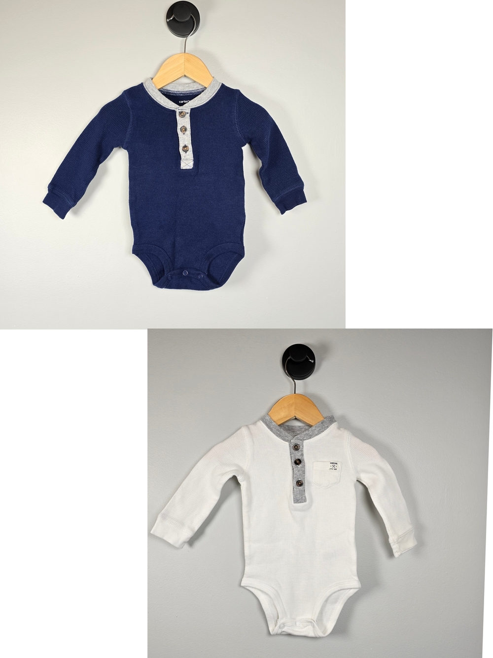 Carter's Long-Sleeve Waffle Knit Henley One-Piece Bodysuit - Navy & White Bundle